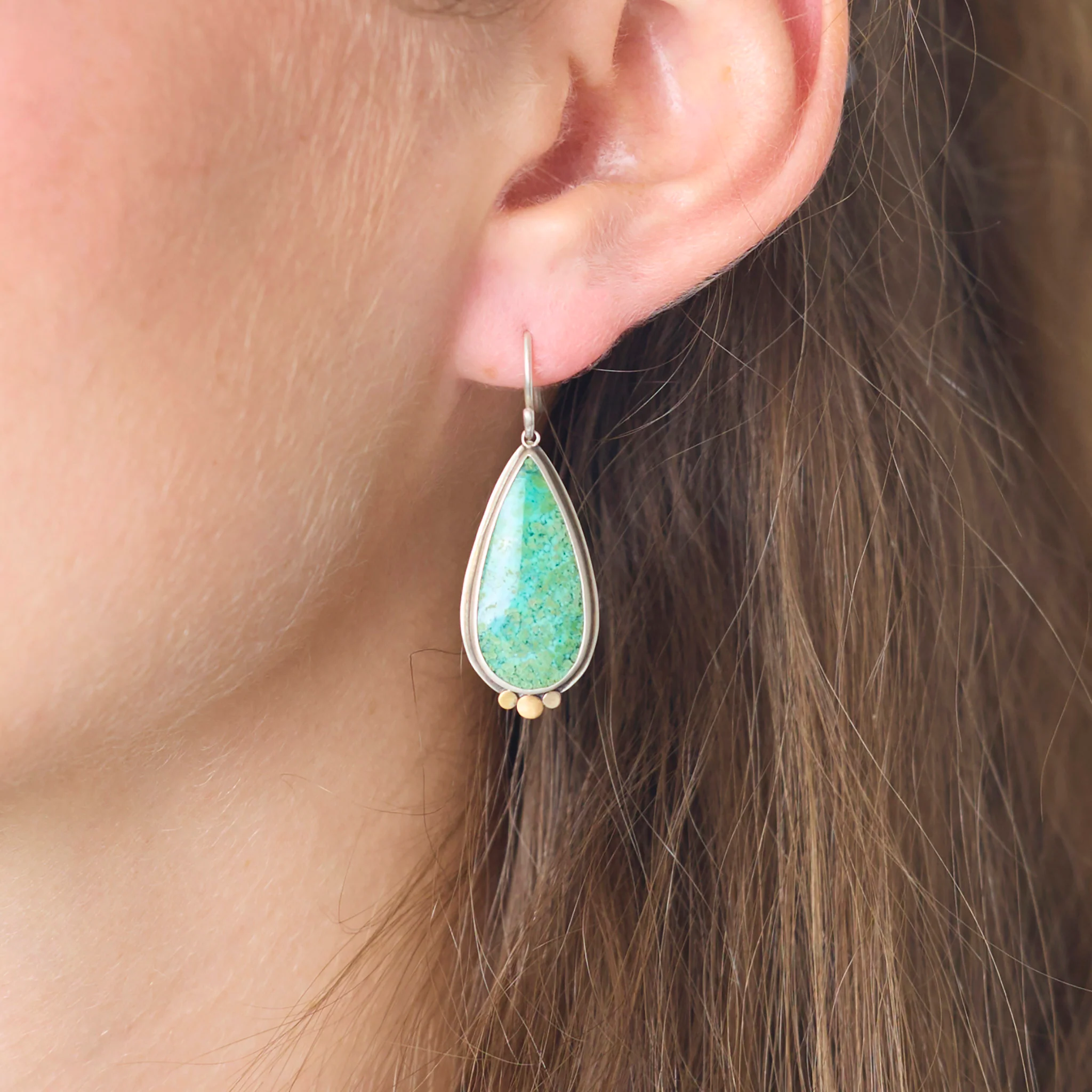Turquoise Teardrop Earrings with Gold Trio - Image 2