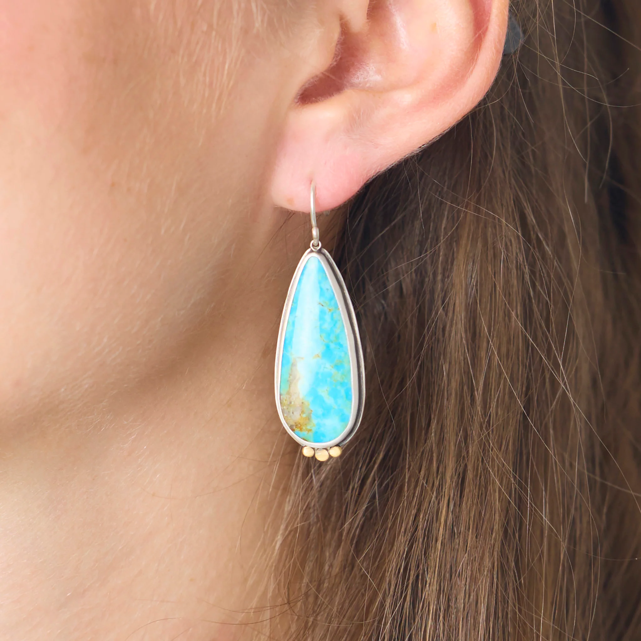 Turquoise Teardrop Earrings with Gold Trio - Image 2