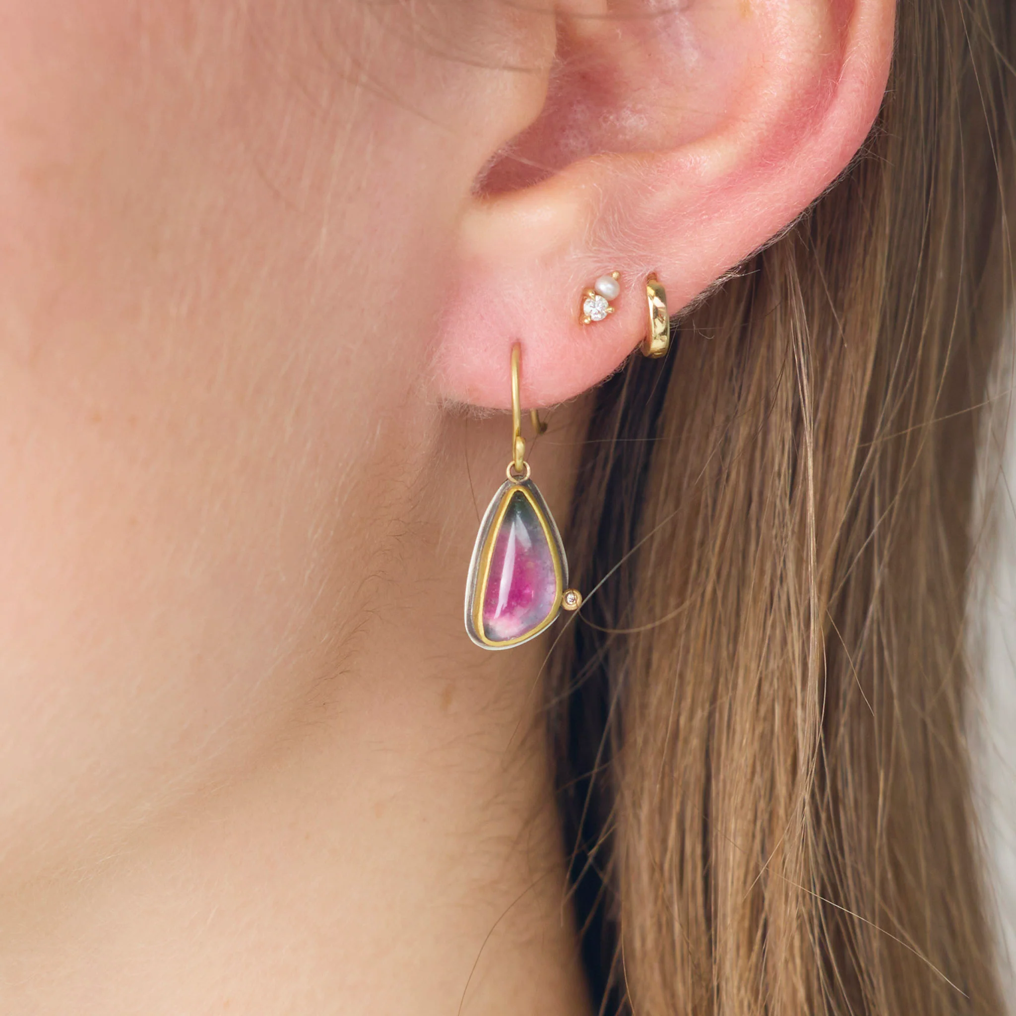 Watermelon Tourmaline Earrings with Diamond Dot - Image 2