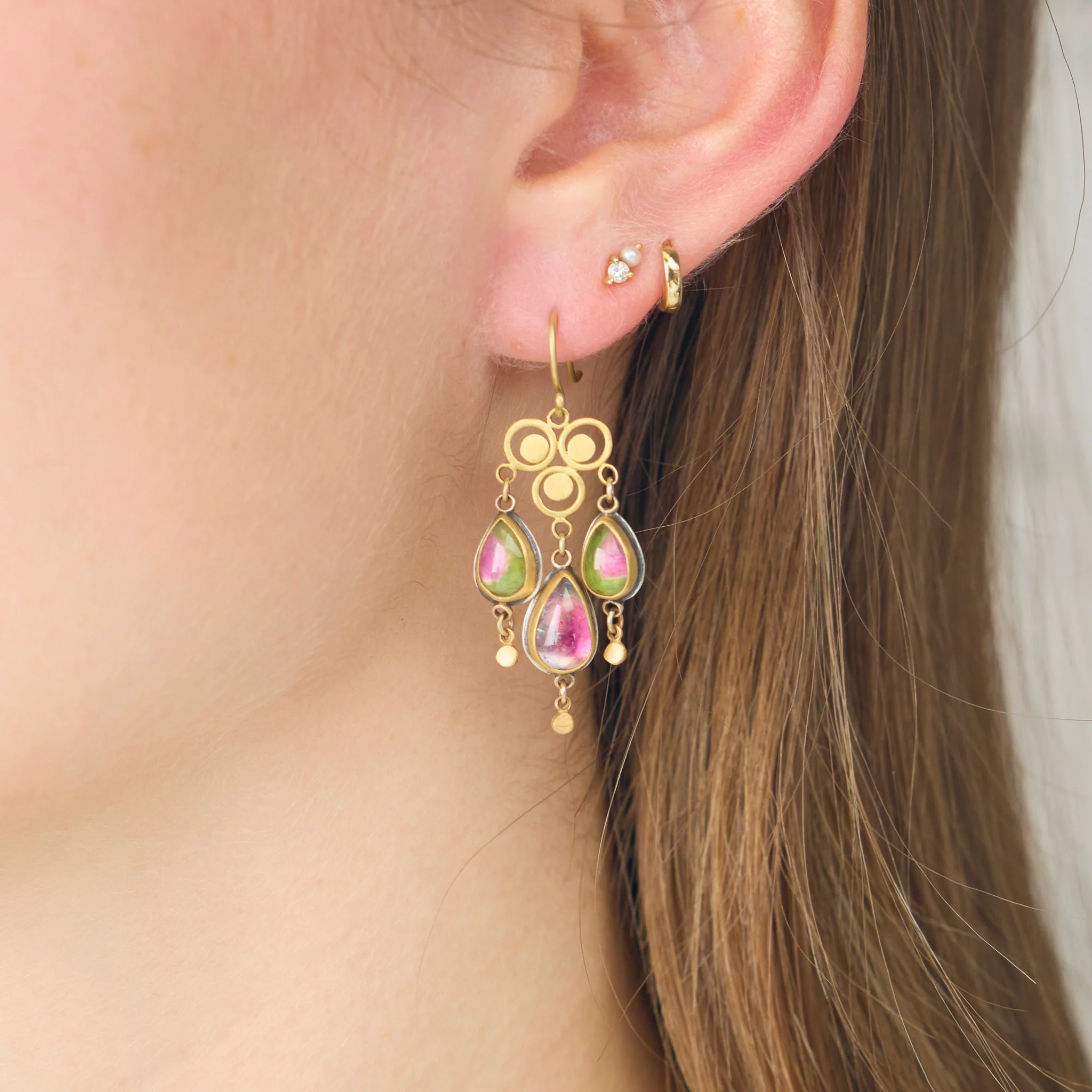 Watermelon Tourmaline Filigree Chandelier Earrings - Image 2