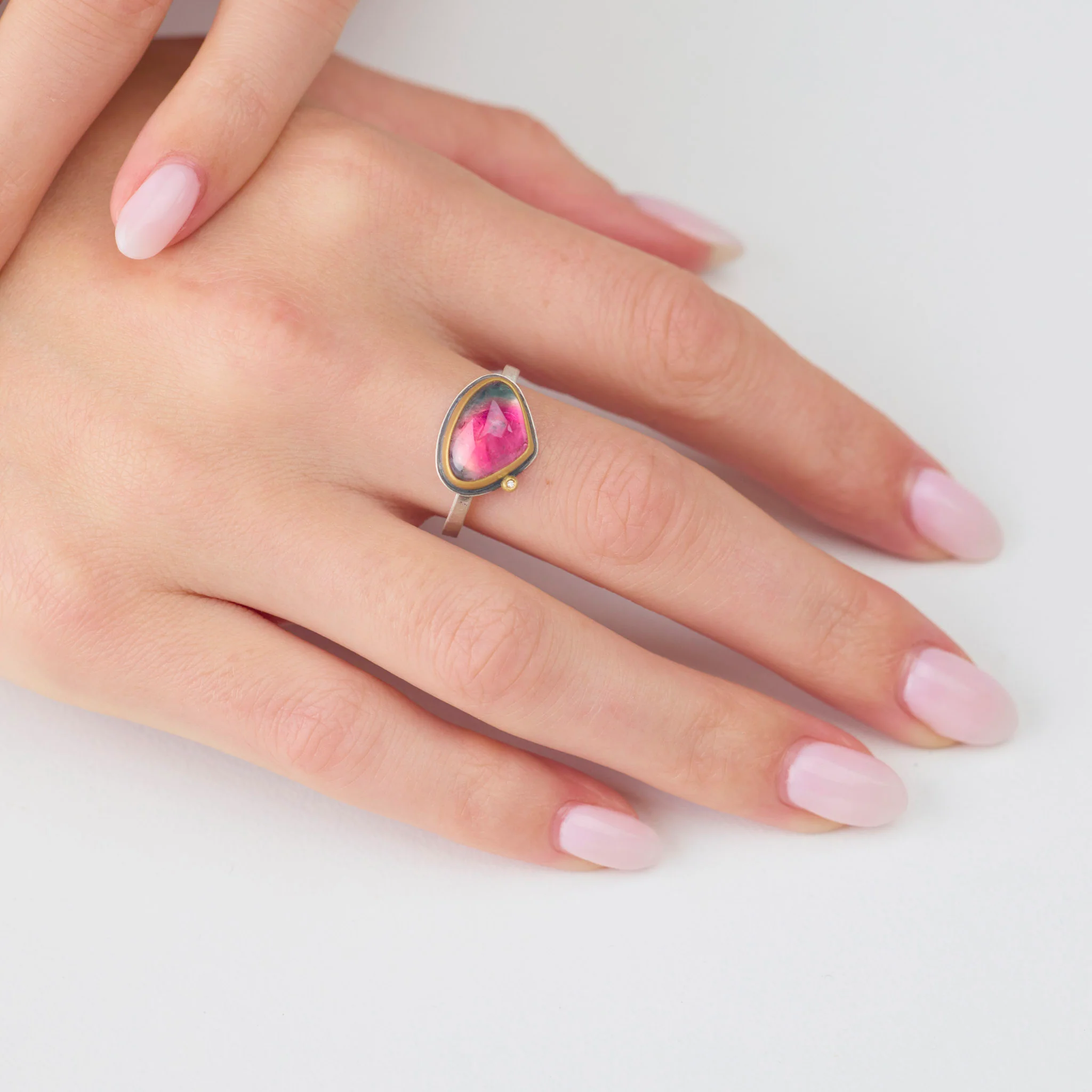 Watermelon Tourmaline Ring with Diamond Dot - Image 2