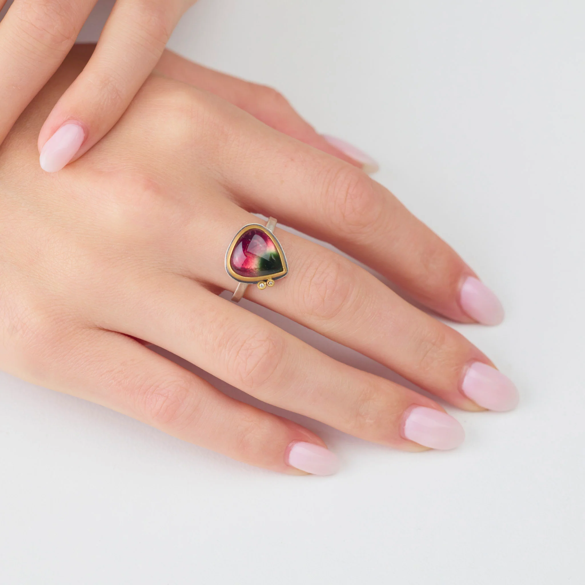 Watermelon Tourmaline Ring with Diamond Dots - Image 2