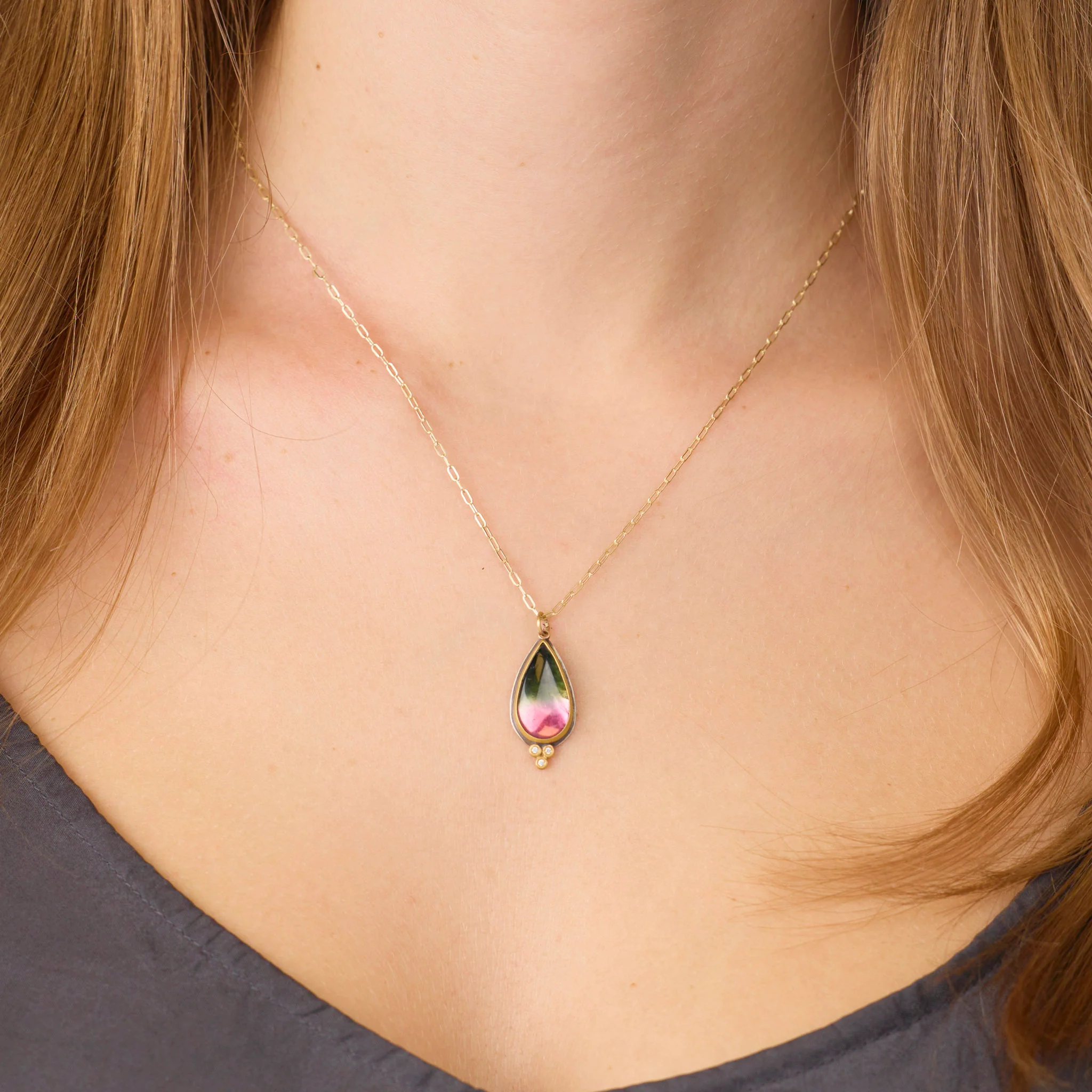 Watermelon Tourmaline Teardrop Necklace with Gold Trio - Image 2