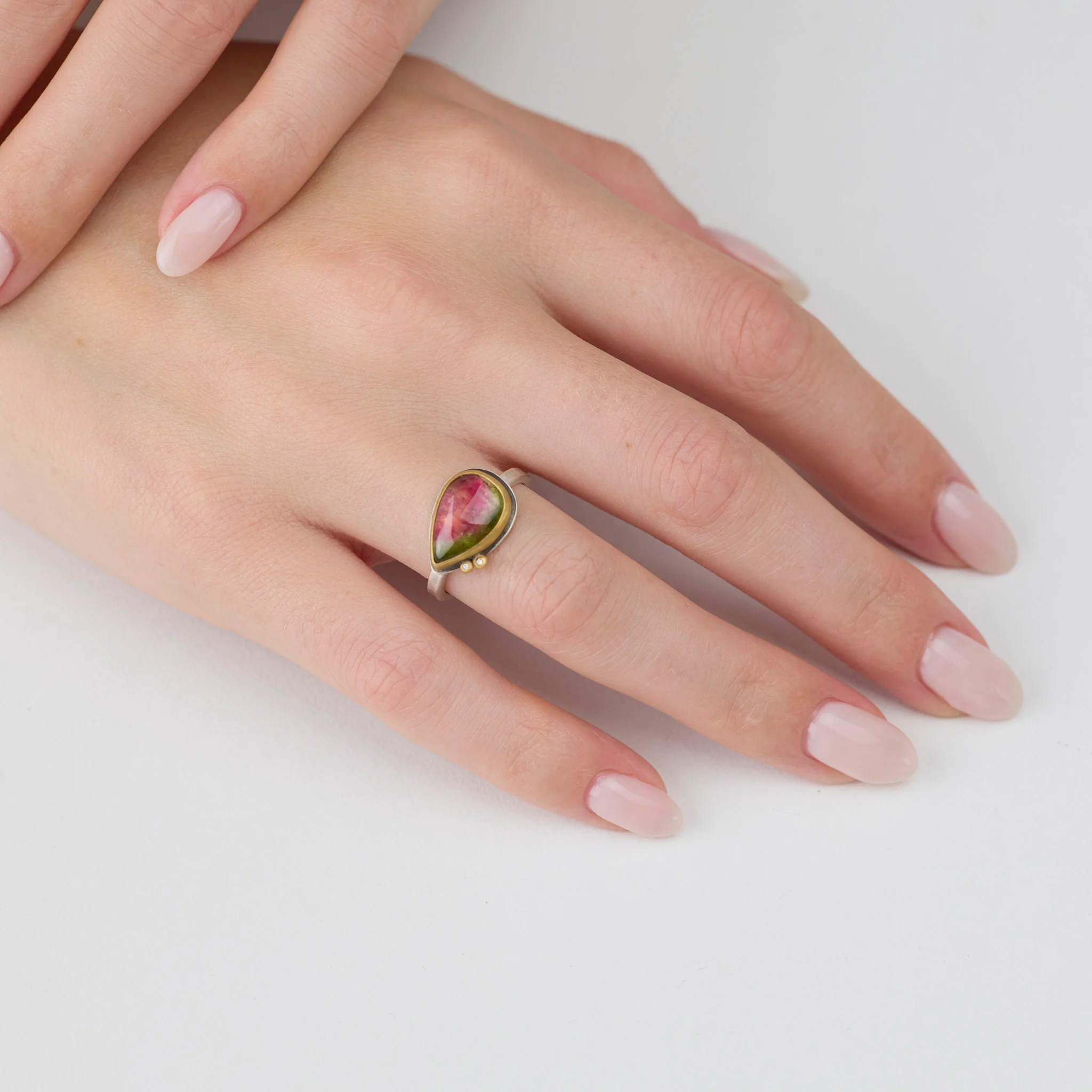 Watermelon Tourmaline Teardrop Ring with Diamonds - Image 2