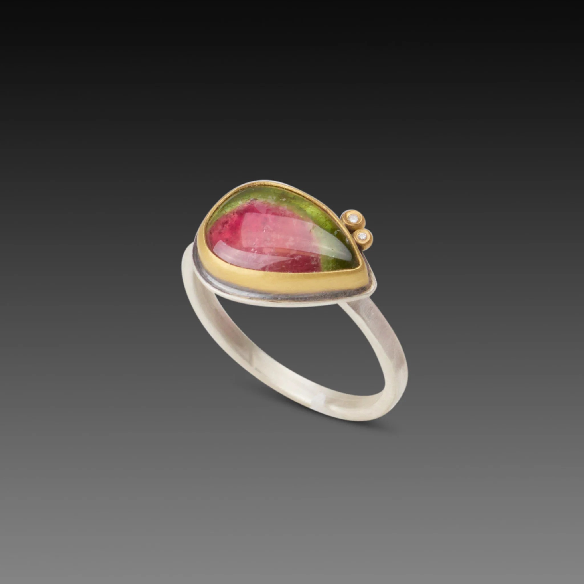 Watermelon Tourmaline Teardrop Ring with Diamonds - Image 3
