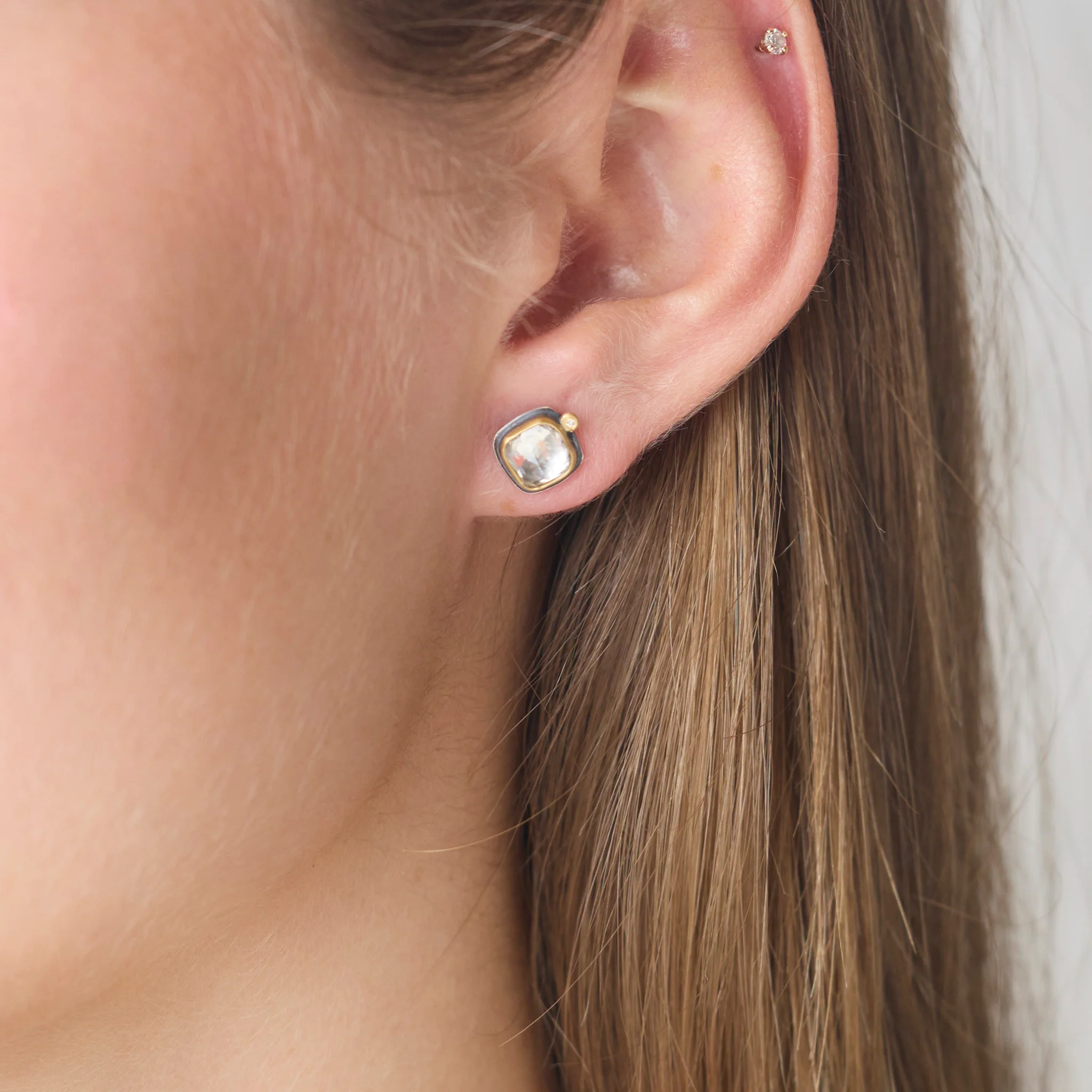 White Topaz Stud Earrings with Diamond Dot - Image 2