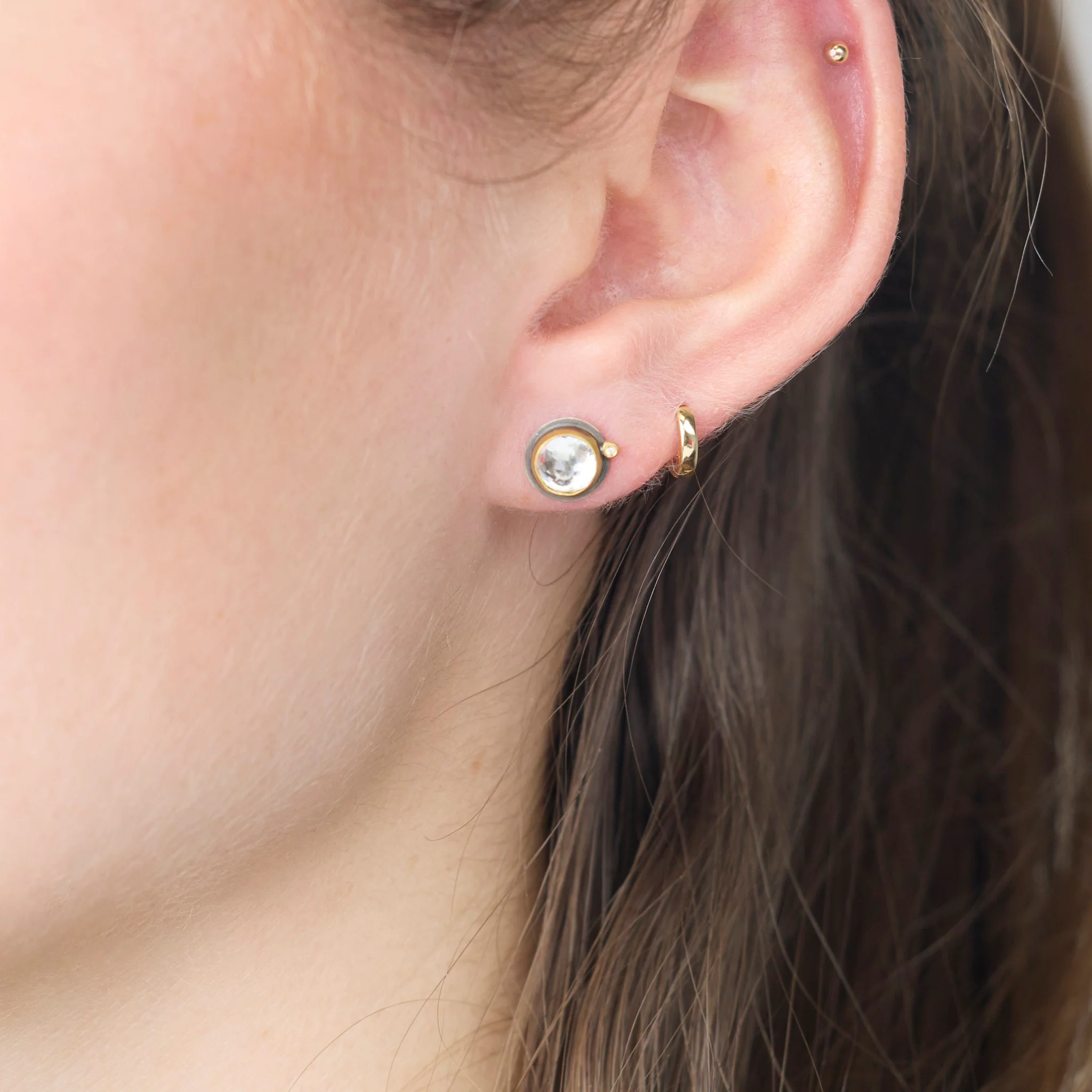 White Topaz Stud Earrings with Diamond Dot - Image 2