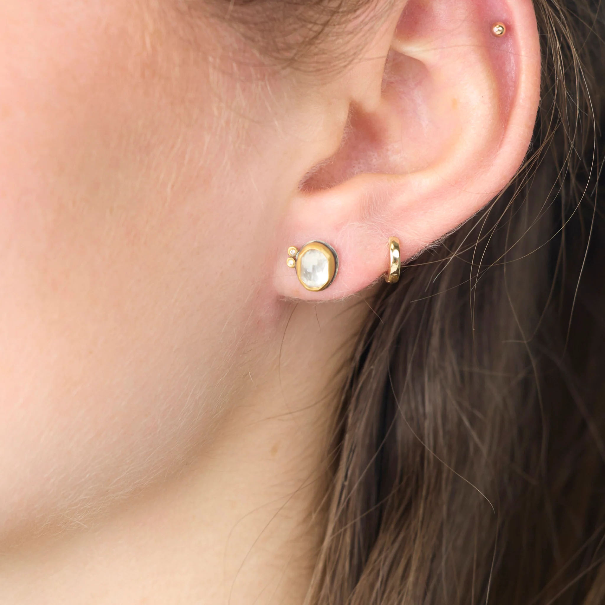 White Topaz Stud Earrings with Diamond Duo - Image 2
